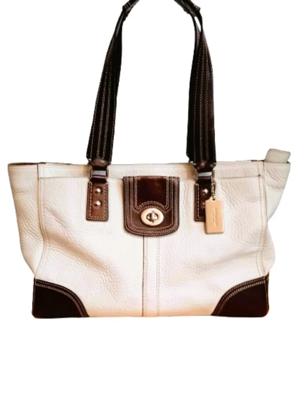 Coach Legacy White Pebble Leather Bag Brown Trim Large Carryall Tote Purse